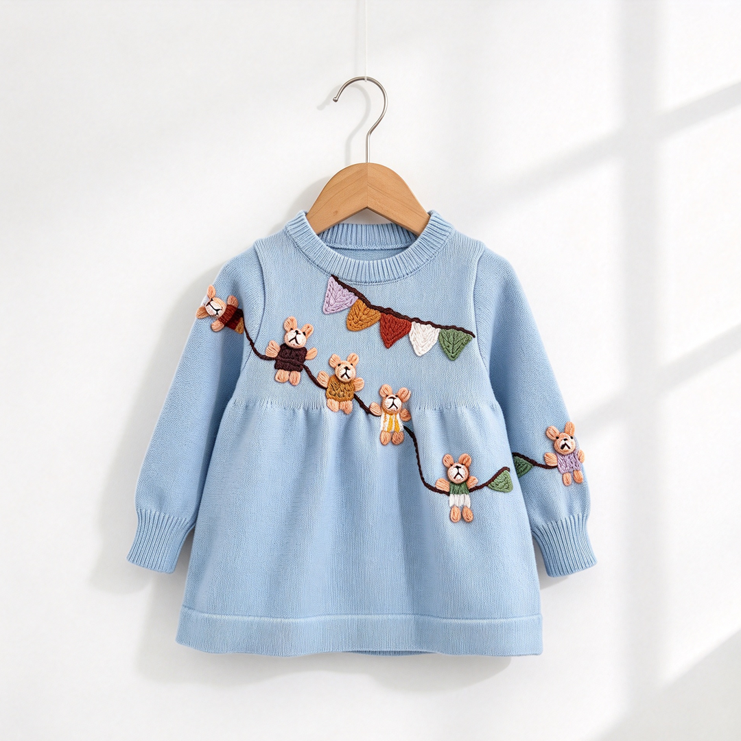 Baby Girls' Cute Bear Embroidered Knit Dress Red Sweater Dress for Christmas