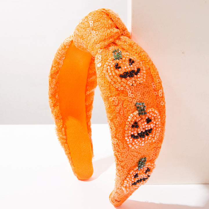 Hand-beaded Sequined Pumpkin Knotted Headband Halloween Hair Accessory