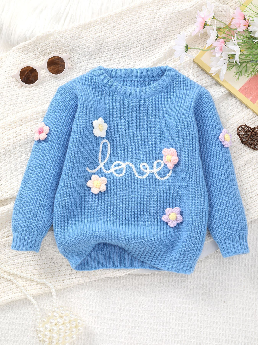 Baby Girls Floral & Love Letter Pattern Pullover Sweater