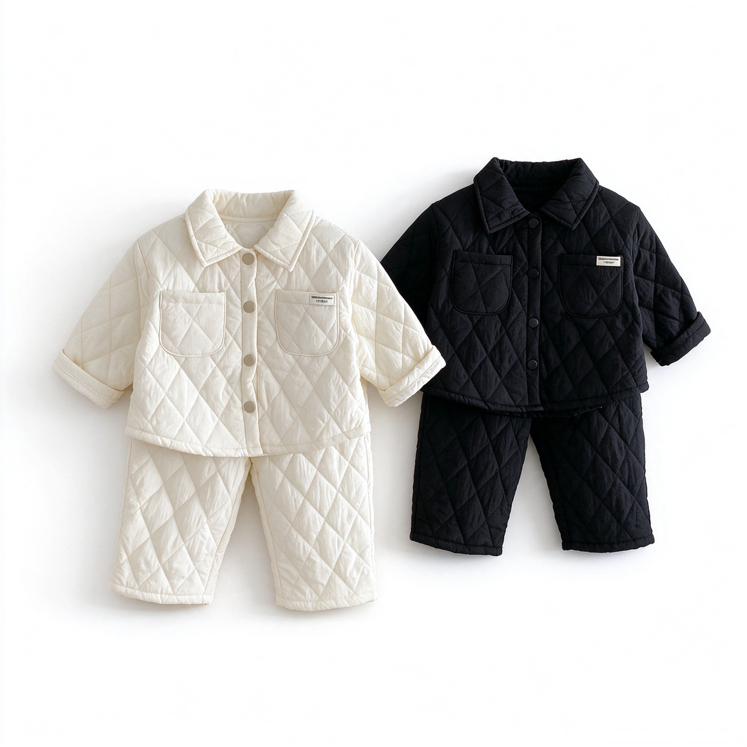 Baby Cream Diamond Quilted Jacket and Matching Pants Warm Outfit