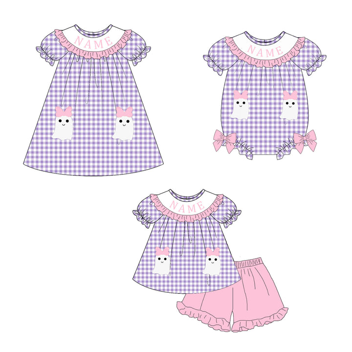 Custom Embroidered Name-Halloween Purple Plaid Ghost Dress Romper
