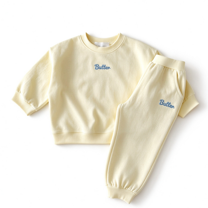 Girls' Pastel Butter Embroidered Sweatshirt & Jogger Set