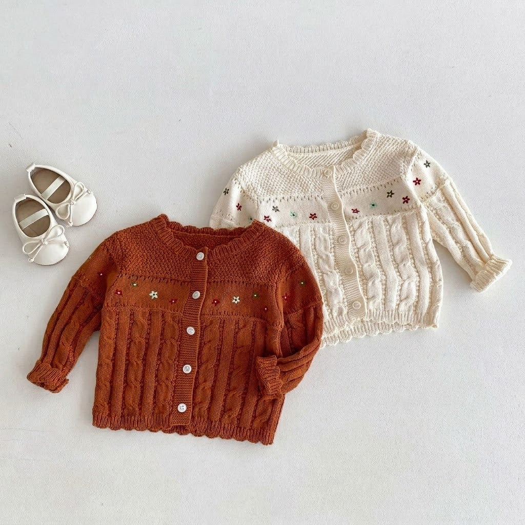 Embroidered Flower Cable Knit Sweater for baby girls