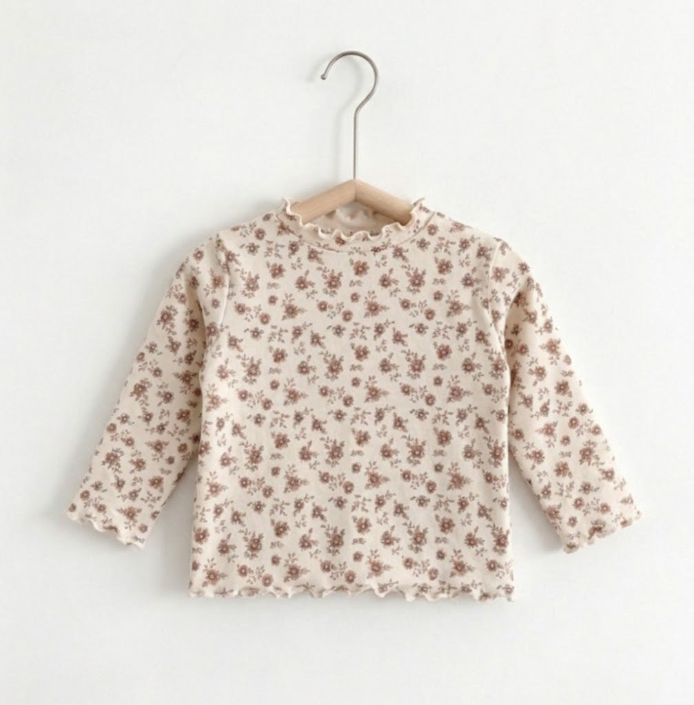 Girls Floral Mock Neck Lettuce Trim Top