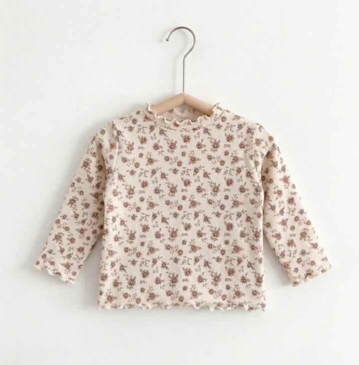 Girls Floral Mock Neck Lettuce Trim Top