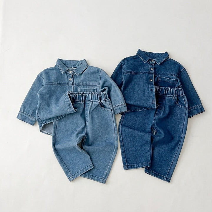 Kids Denim Button-Down Long Sleeve Shirt Top &amp; Jeans Pants Outfits