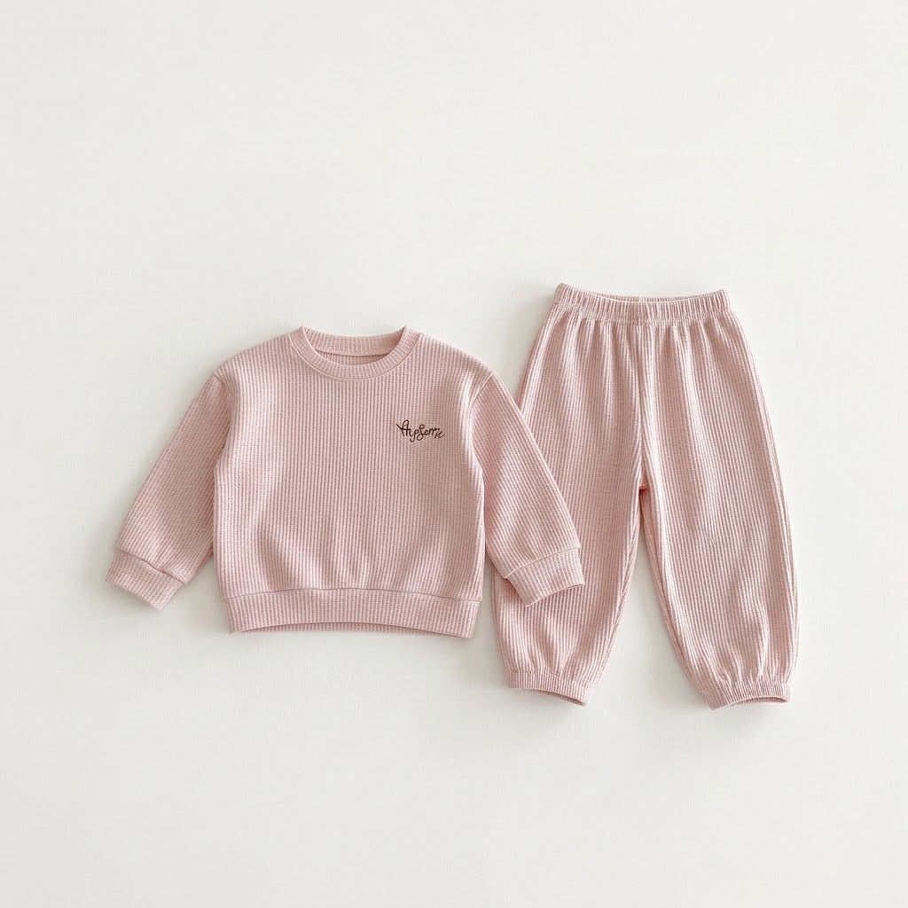 Kids Waffle Knit Sweatshirt &amp; Matching Pants Loungewear 2-Piece Outfit