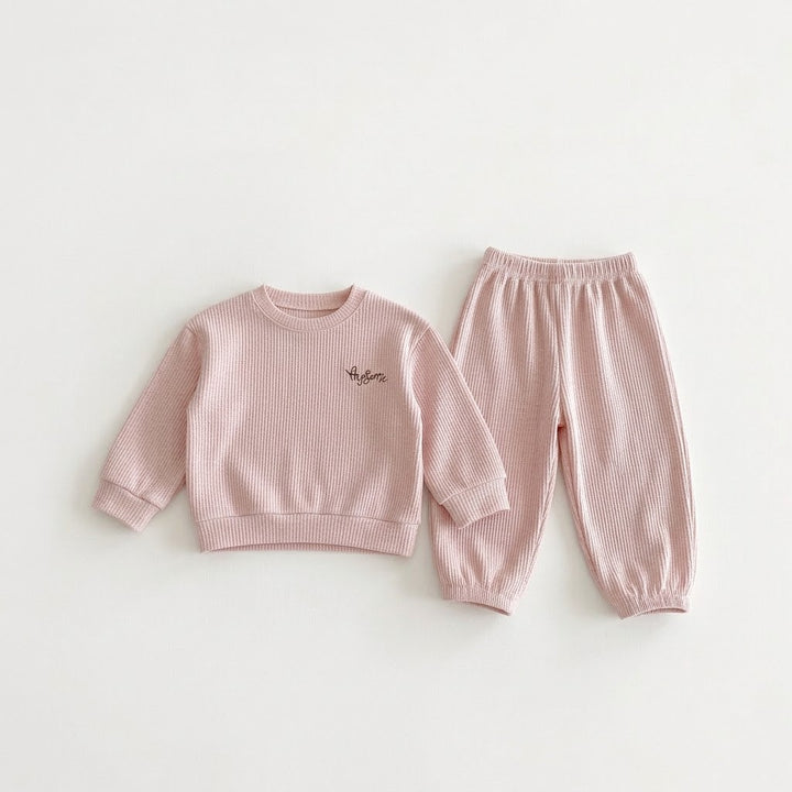 Kids Waffle Knit Sweatshirt &amp; Matching Pants Loungewear 2-Piece Outfit