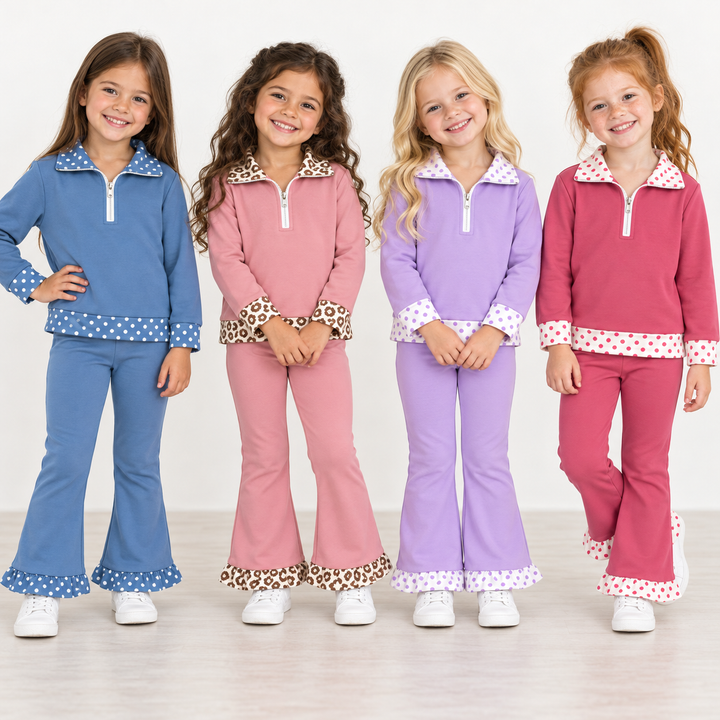Girls Half-Zip Collar Pullover &amp; Flared Pants 2Pcs Outfit