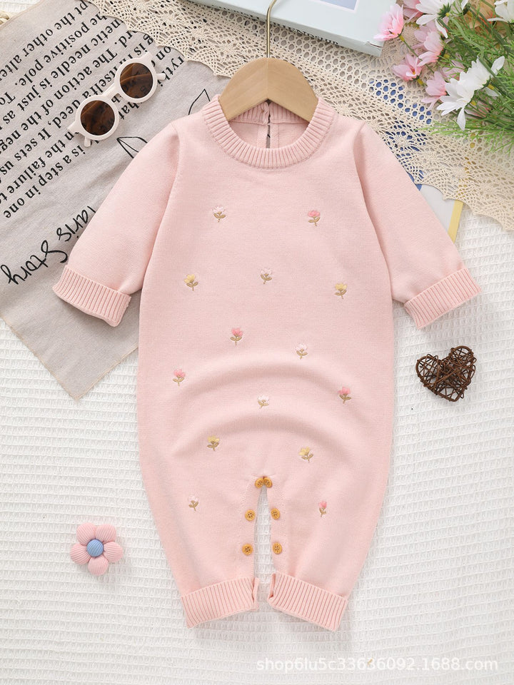 Newborn Baby Long-Sleeve Floral Embroidery Knitted Romper