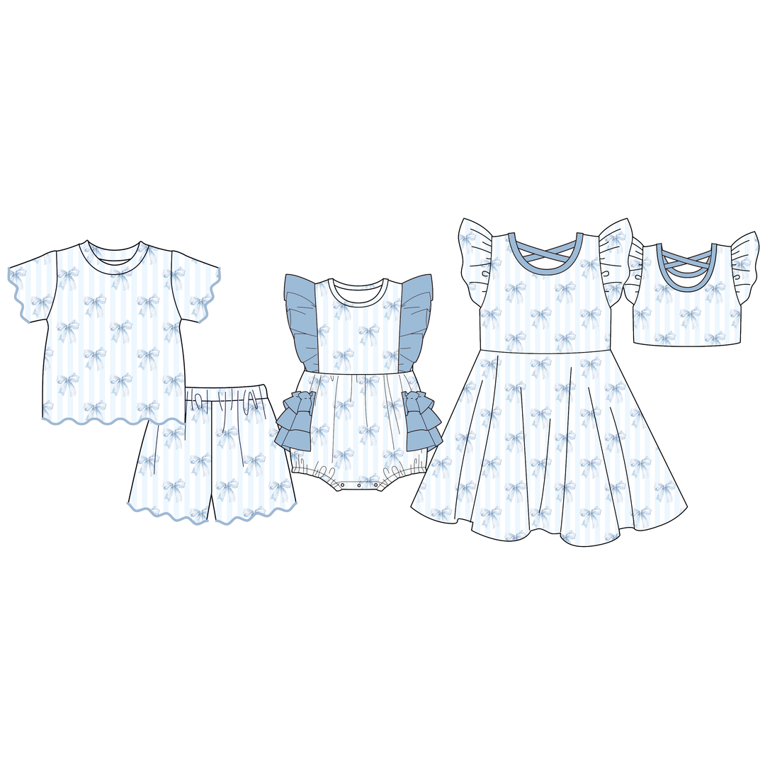 Girls' blue bow printed ruffle dress summer sibling outfits