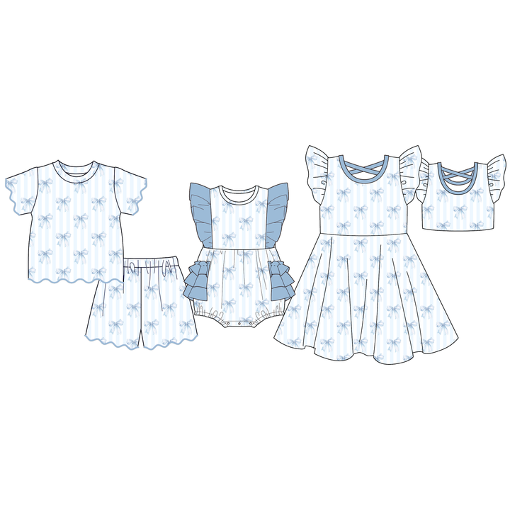 Girls' blue bow printed ruffle dress summer sibling outfits