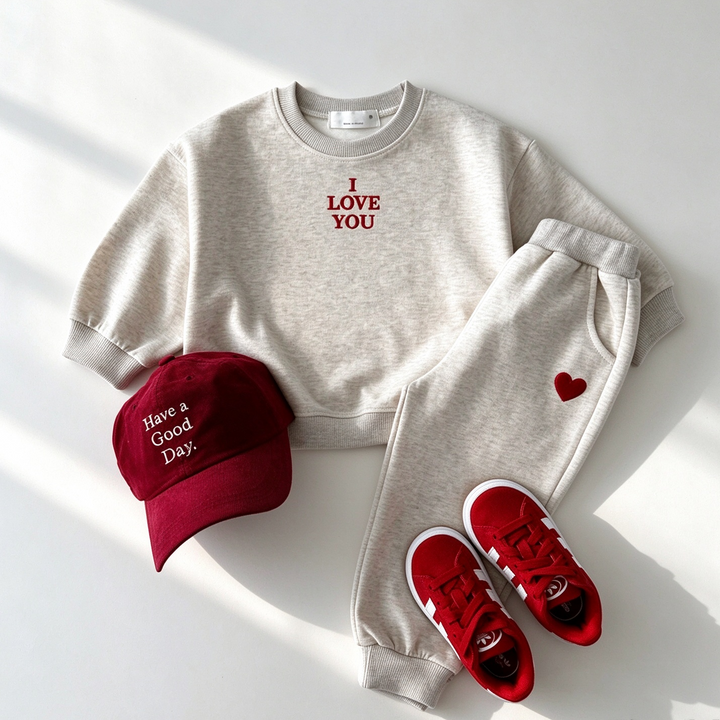 "I LOVE YOU" Letter Embroidery Sweatshirt &amp; Heart Sweatpants Set