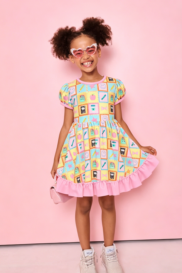Back To School Girls short sleeved twirly dress