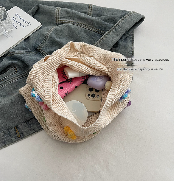 Summer colorful knitted flower shoulder tote bag