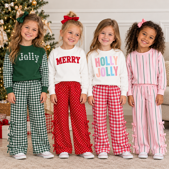 Girls Christmas Sweatshirt Top & Side-Bow Wide-Leg Pant Holiday Set