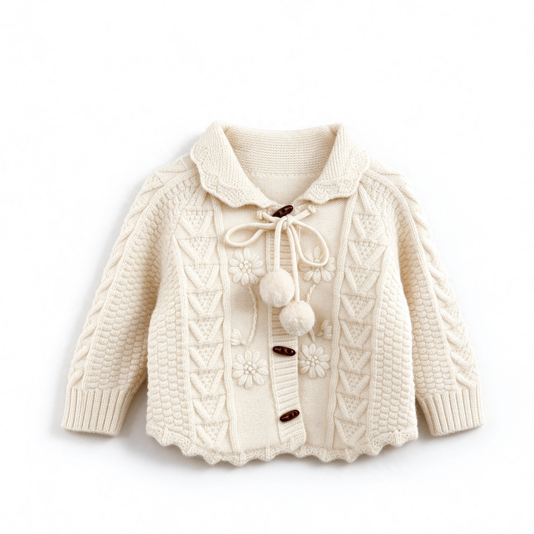 Baby Girl Cable Knit Pom Pom Cardigan Jacquard Knit Sweater Coat