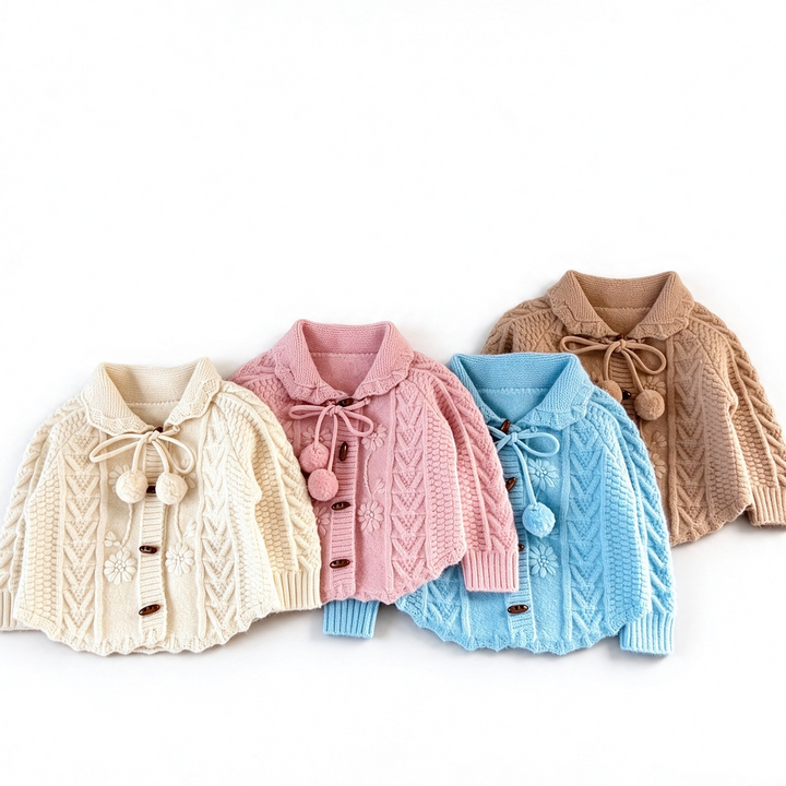 Baby Girl Cable Knit Pom Pom Cardigan Jacquard Knit Sweater Coat