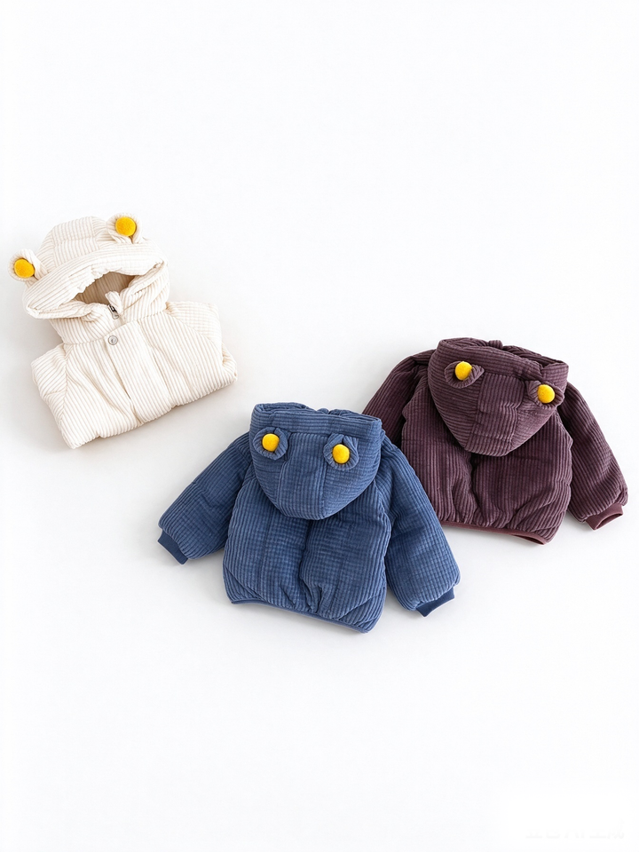 Baby Corduroy Bear Ear Hooded Quilted Jacket Coat