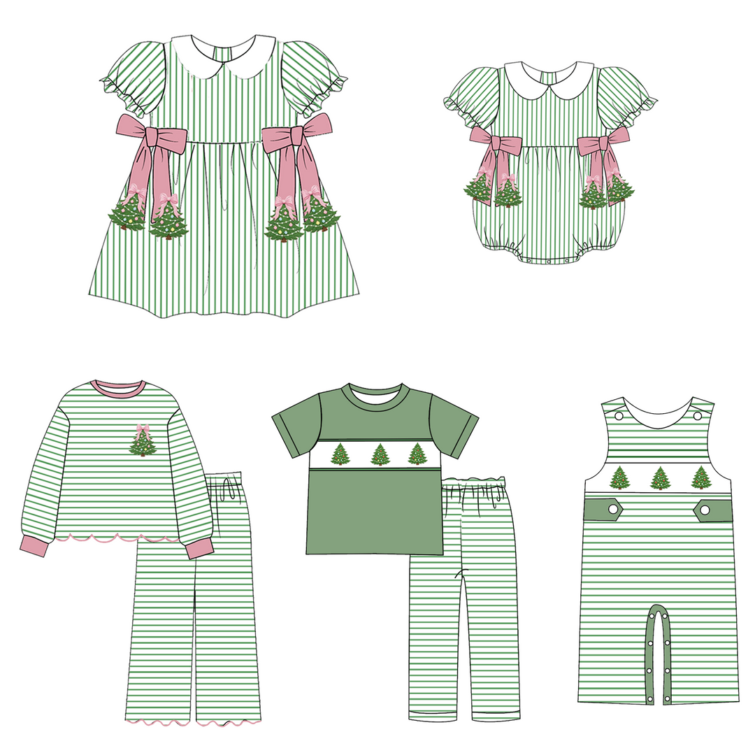 Green Stripe Christmas Tree Embroidery Sibling Matching Outfits Collection