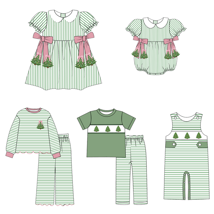 Green Stripe Christmas Tree Embroidery Sibling Matching Outfits Collection