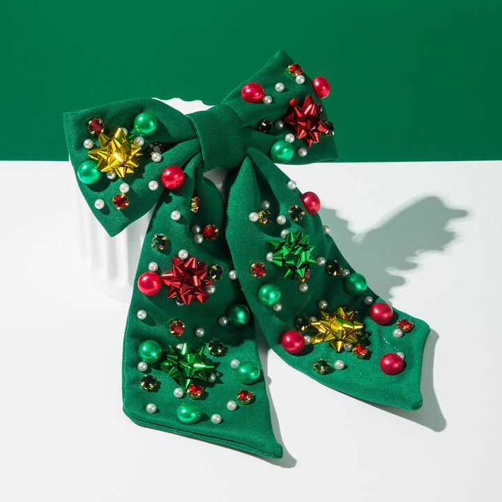 Christmas Red & Green Pearls Beads Rhinestones Hair Bow Barrette Clip