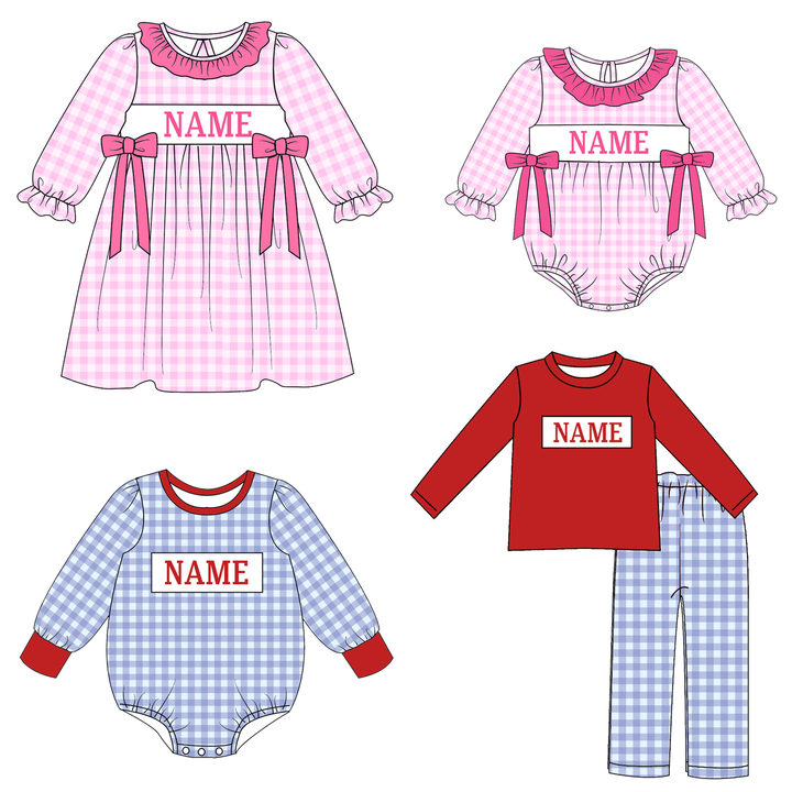 Personalized Embroidered Name Pink&amp;Blue Gingham Matching Siblings Outfits