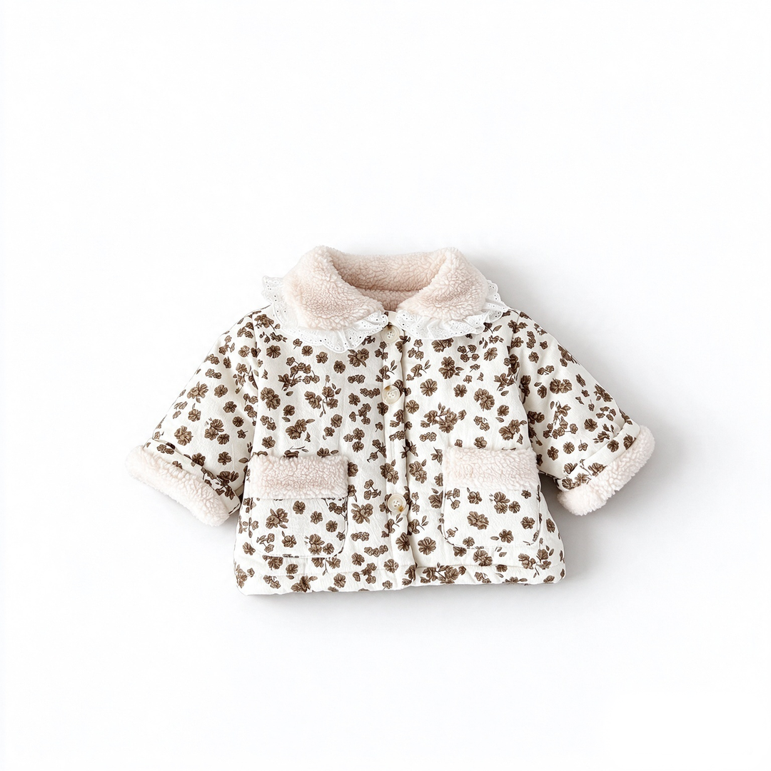 Baby Girl Floral Sherpa Collar Quilted Jacket Warm Coat