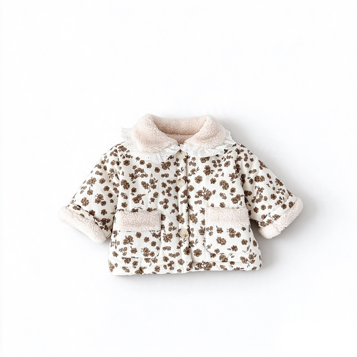 Baby Girl Floral Sherpa Collar Quilted Jacket Warm Coat