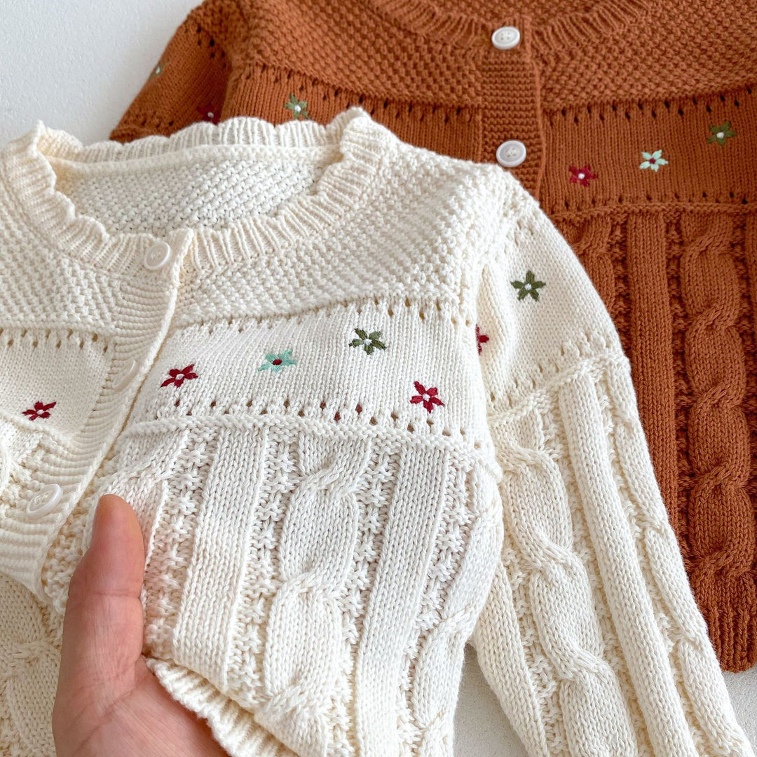 Embroidered Flower Cable Knit Sweater for baby girls