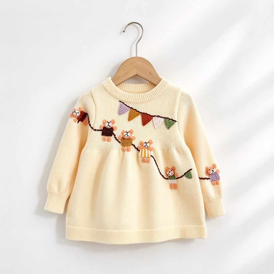 Baby Girls' Cute Bear Embroidered Knit Dress Red Sweater Dress for Christmas