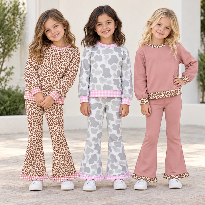 Girls Leopard &amp; Cow Print Pullover and Flared Pants 2Pcs Outfit