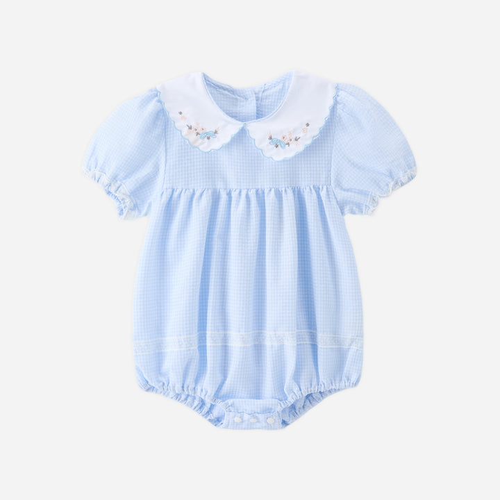 Baby blue plaid embroidered lace bodysuit romper