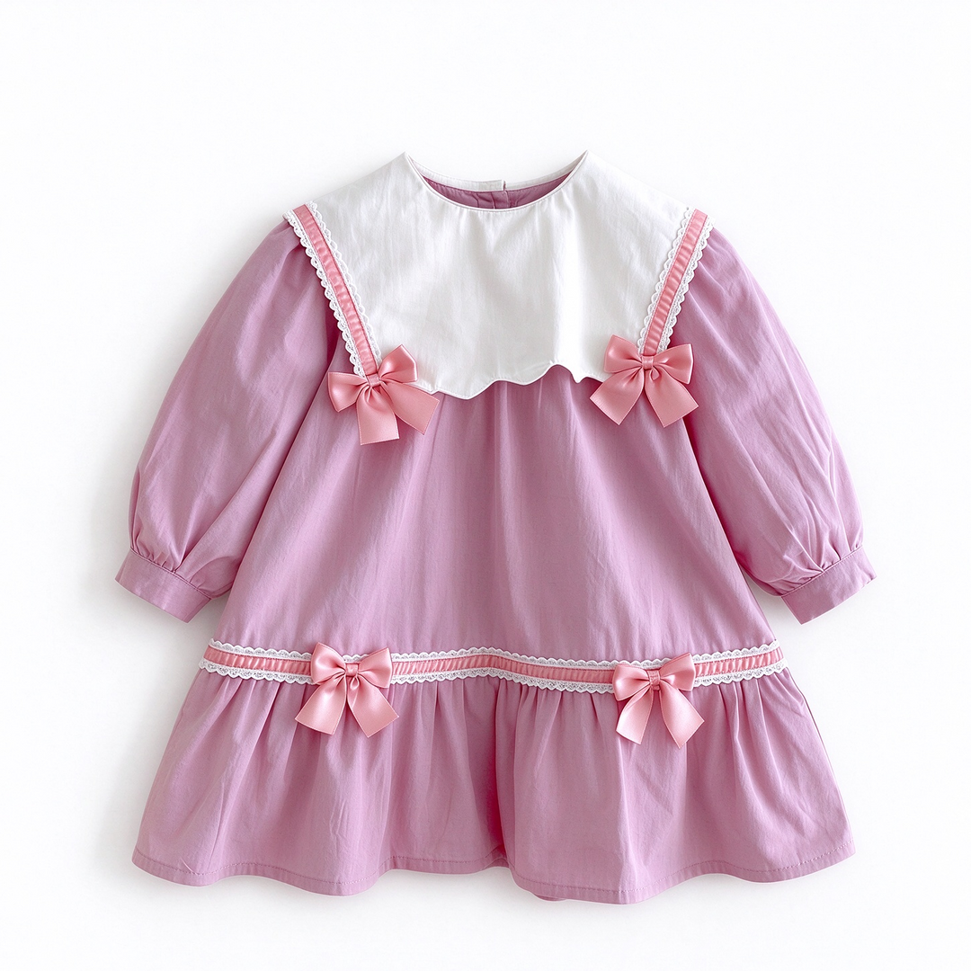 Baby Girl Ruffle Collar Flare Hem Princess Dress with Bow Decoration