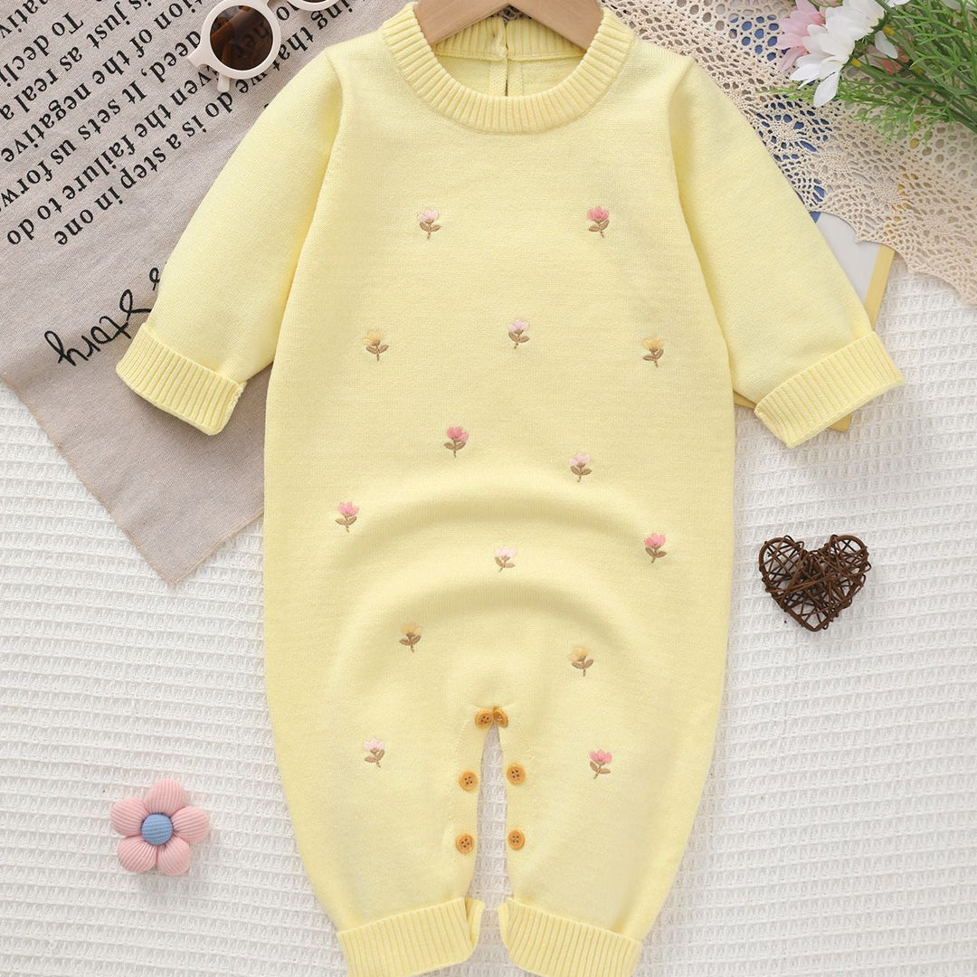 Newborn Baby Long-Sleeve Floral Embroidery Knitted Romper