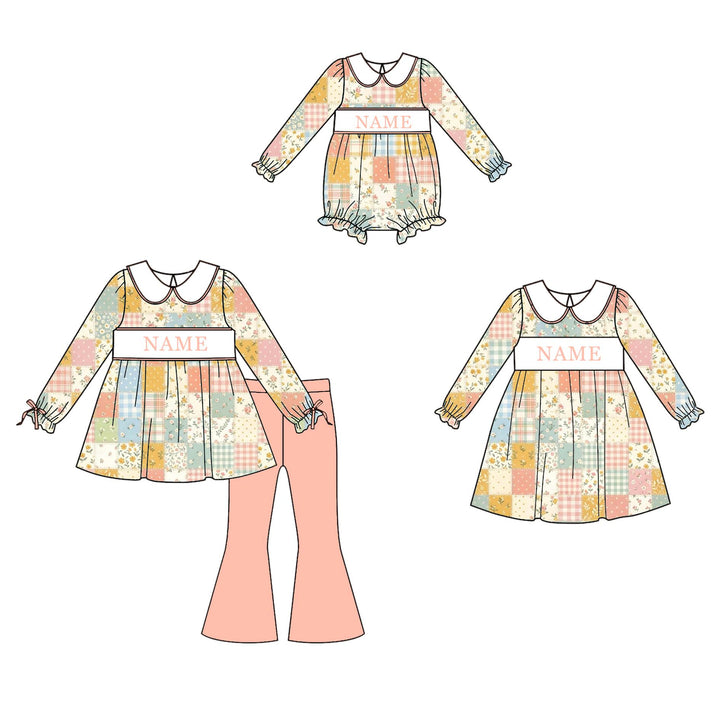 Personalized Name Baby Girls Patchwork Long Sleeve Bubble Romper Dress Collection