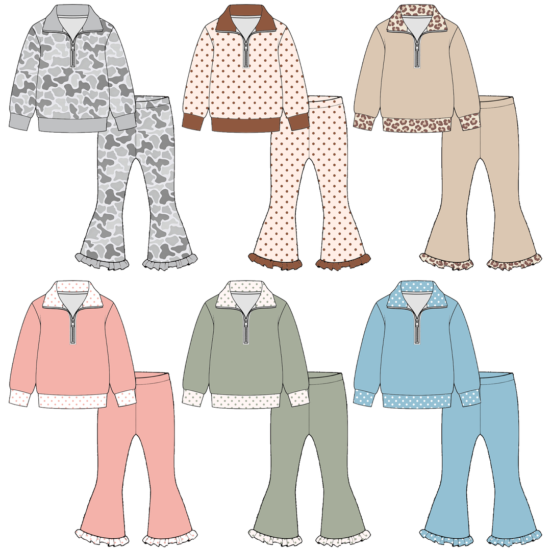 Girls Half-Zip Sweatshirt & Leopard Ruffle Flare Pants Set
