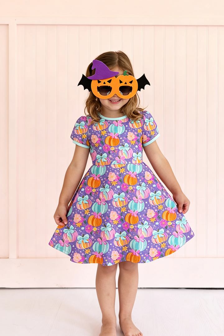 Girls Halloween colorful pumpkin twirl ruffle dress