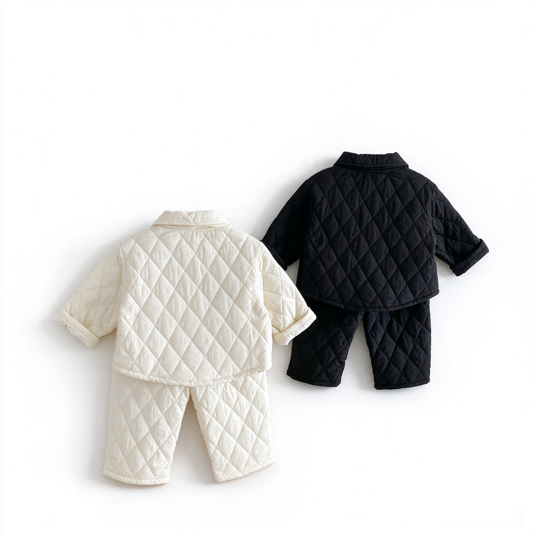 Baby Cream Diamond Quilted Jacket and Matching Pants Warm Outfit