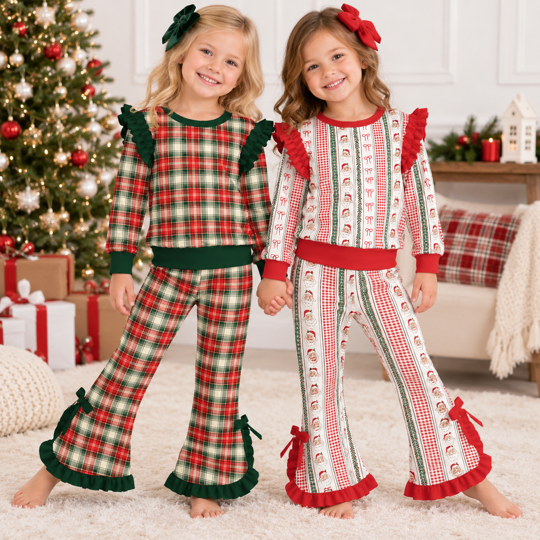 Girls Christmas Plaid Flutter Sleeve Sweatshirt & Ruffle Flare Pants 2PCS Outfit Set