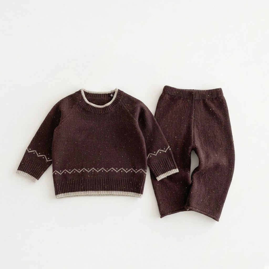 Girls Flecked Pullover Geometric Jacquard Sweater &amp; Matching Knit Pants Outfits