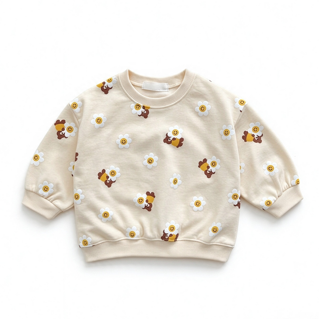 Girls Cute Bear Smiley Flower Sweatshirt Pants Set