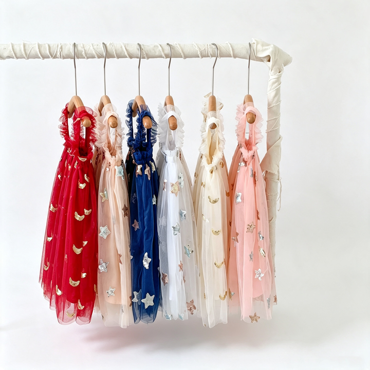 Girls Sequin star&moon embroidery mesh tutu dress