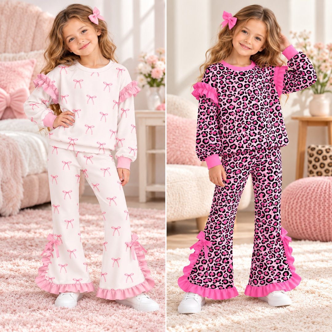 Girls Ruffle Sleeve Sweatshirt & Bell Bottoms 2PCS Set