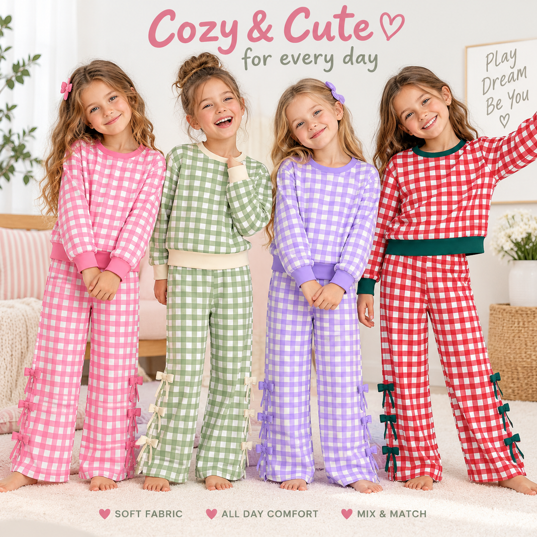 Girls Gingham Pullover Sweatshirt&Bowknot Bottom Pants