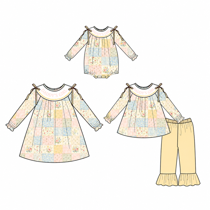 Personalized Name Embroidery Floral Patchwork Dress Romper Sibling outfits