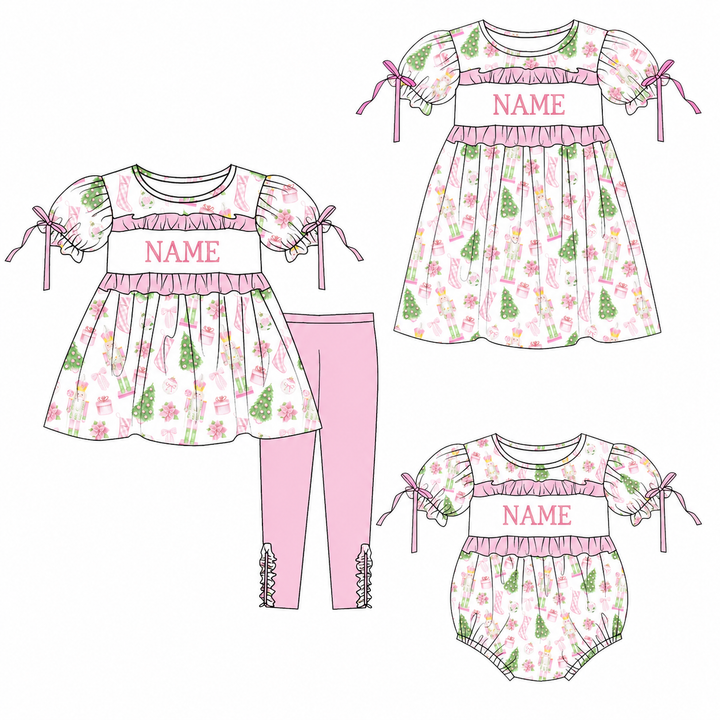 Personalized Christmas Nutcracker pink embroidery dress holiday sisters outfits