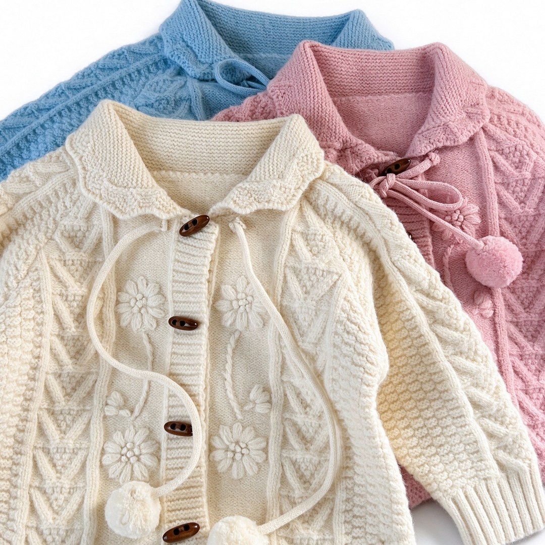 Baby Girl Cable Knit Pom Pom Cardigan Jacquard Knit Sweater Coat