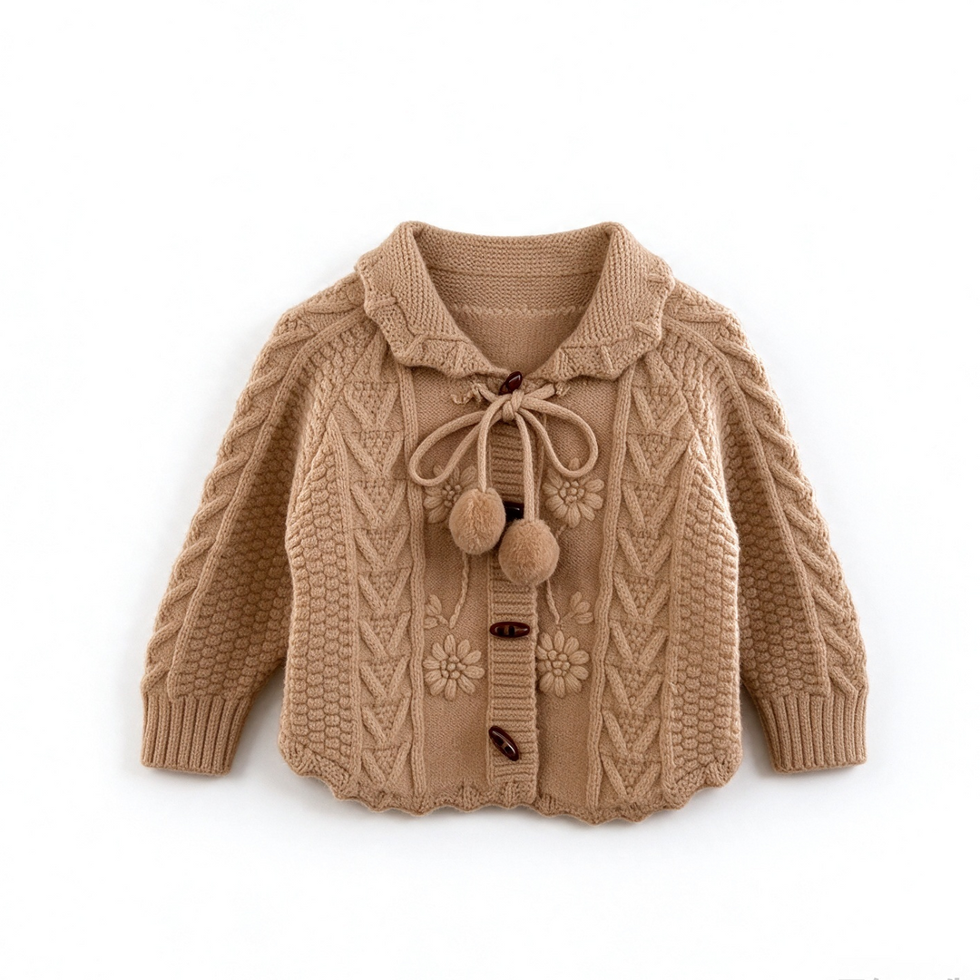 Baby Girl Cable Knit Pom Pom Cardigan Jacquard Knit Sweater Coat