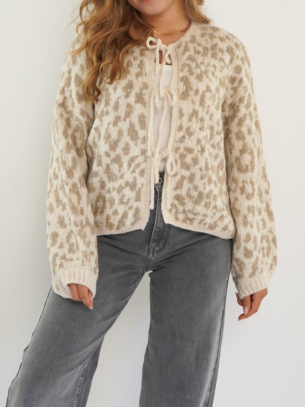 Crew neck tie leopard print knit cardigan sweater coat
